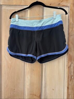 Lululemon Black Athletic Shorts with Blue Trim and Light blue Waistband